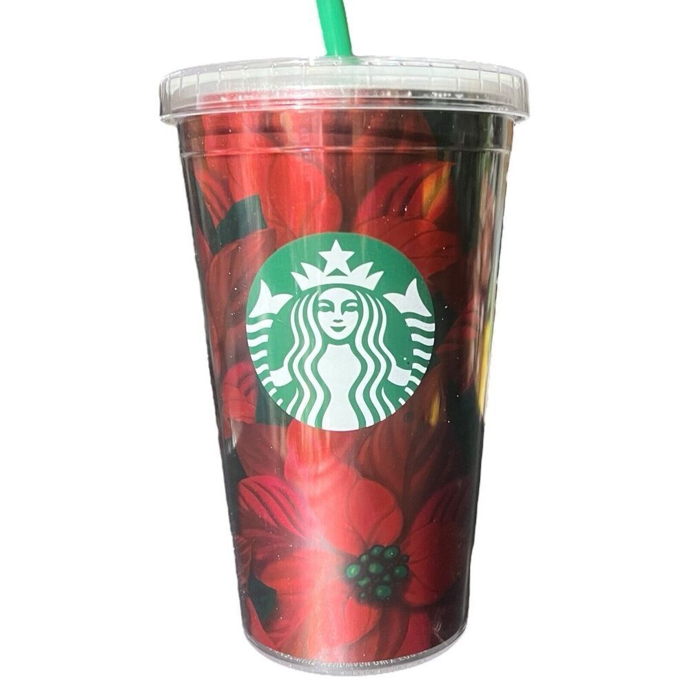 Starbucks Christmas‎ Holiday 2020 Tumbler Poinsettias 16 Oz With Straw Floral